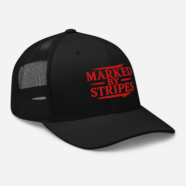 Black Christian trucker cap – red Marked by Stripes embroidery viewed from right front angle